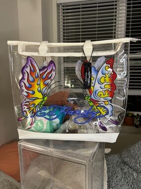 Ed Hardy Loaded Clear Tote with Multicolor Butterfly Graphics 13.75”x 18” NWT